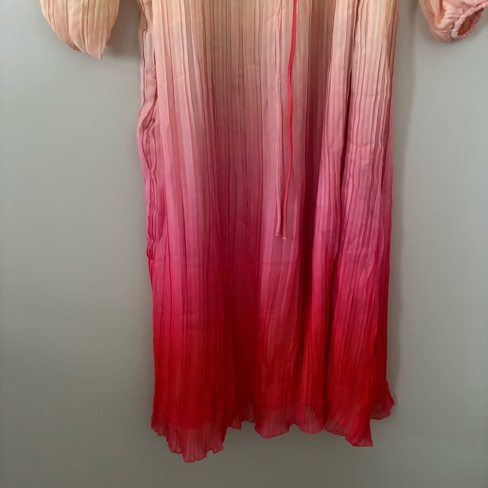 New Something Navy Maxi Dress‎ Pleated Tie Waist Long Sleeve pink combo ombré M - Picture 7 of 15